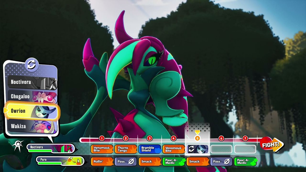 The battle screen from the announcement trailer: party nameplates, action menu and the seven-slot queue