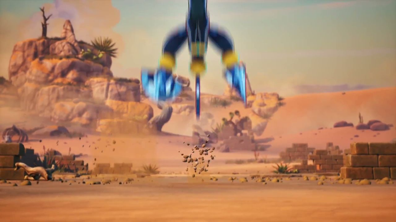 A character mid-leap over desert rock formations