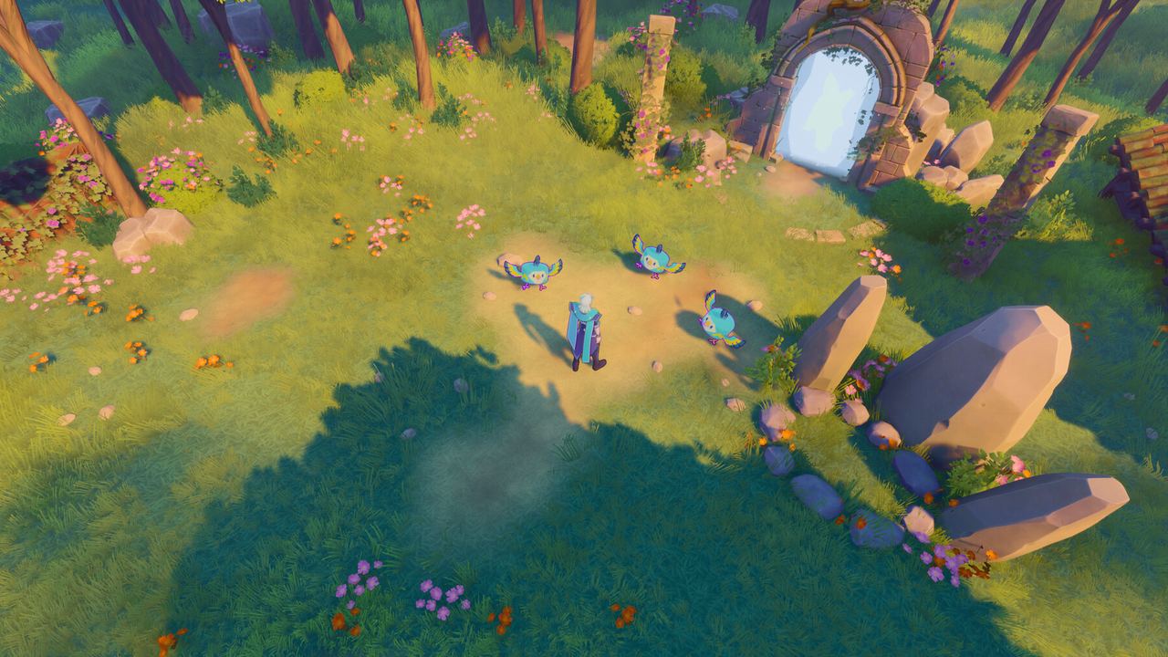 Official screenshot 3: a character in a clearing with three small creatures