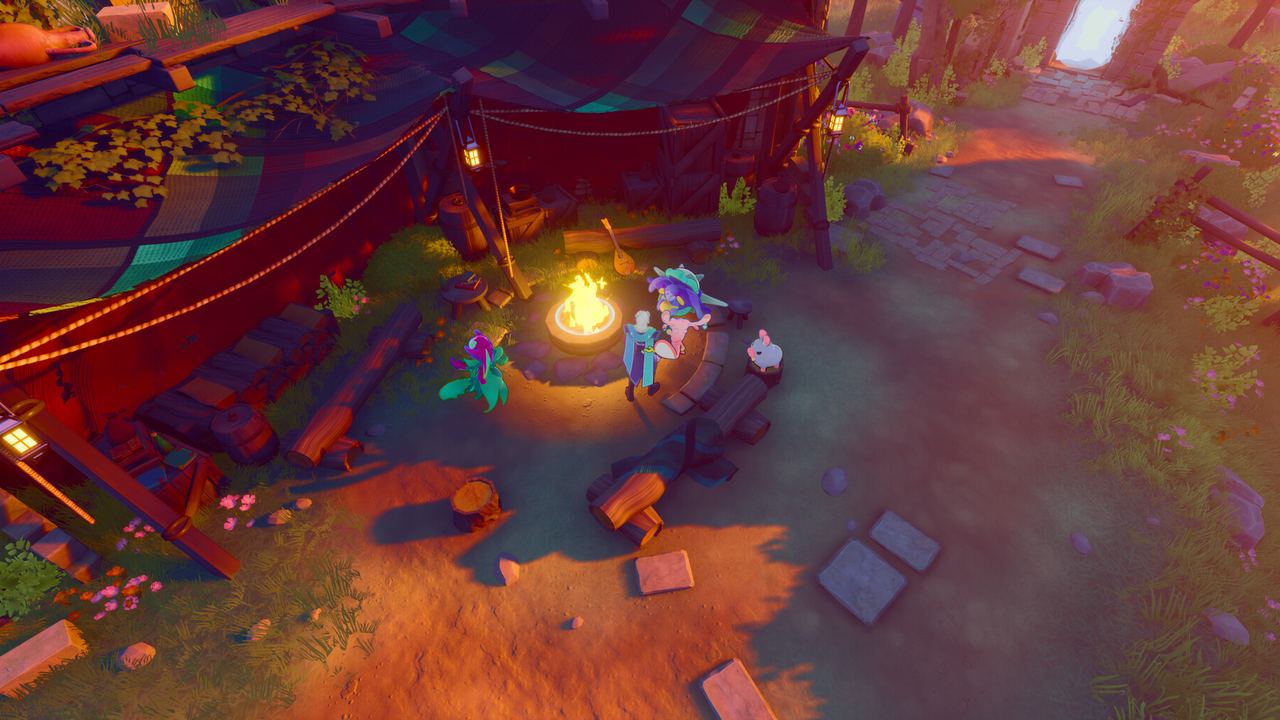 Official screenshot 4: characters around a campfire with tents