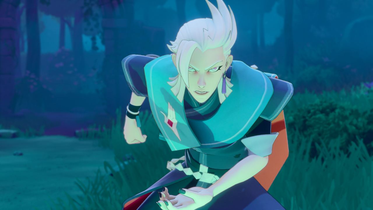 Official screenshot 6: a white-haired character crouched at dusk