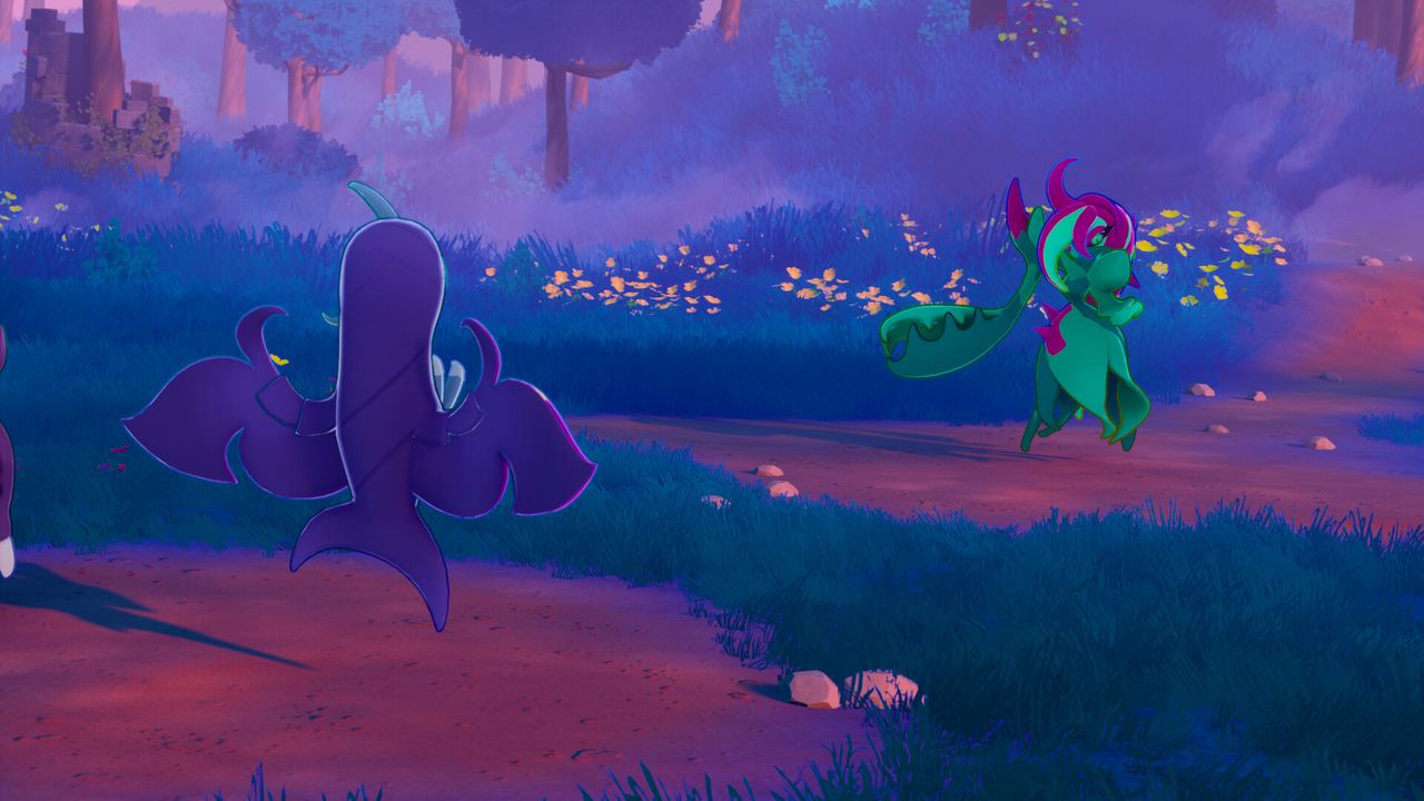Official screenshot 9: two creatures running in a purple-lit forest